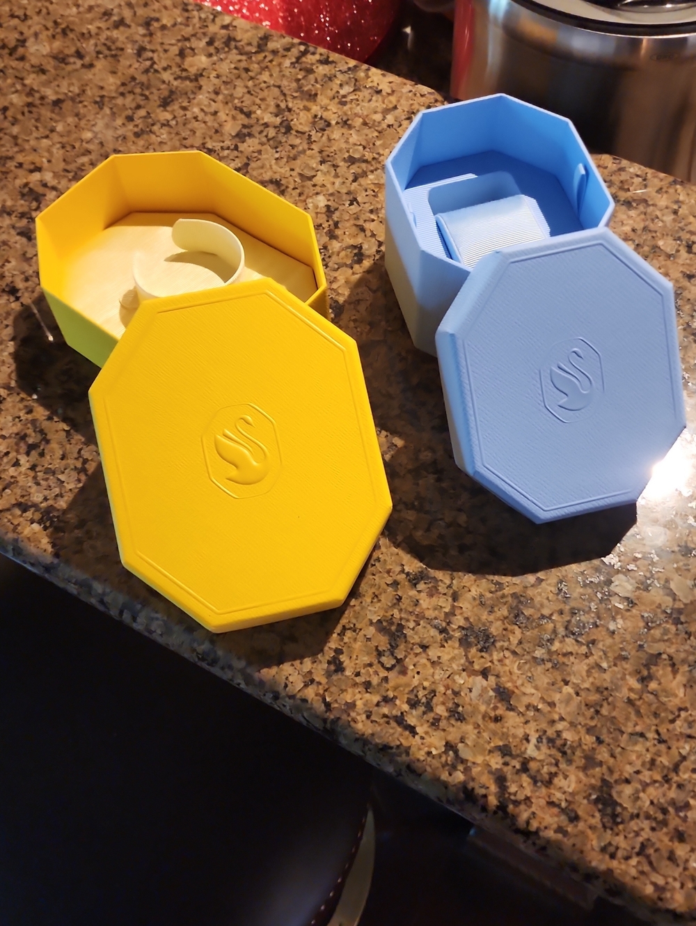 Swarovski Octagonal Jewelry Boxes in Yellow and Light Blue. Set Of 2